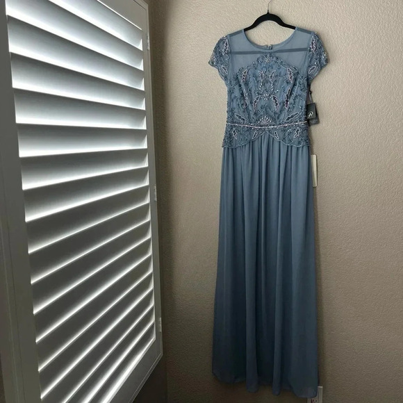 NWT Adrianna Papell Women's Beaded Bodice Formal Maxi Dress with GGT Skirt Blue - Picture 2 of 12